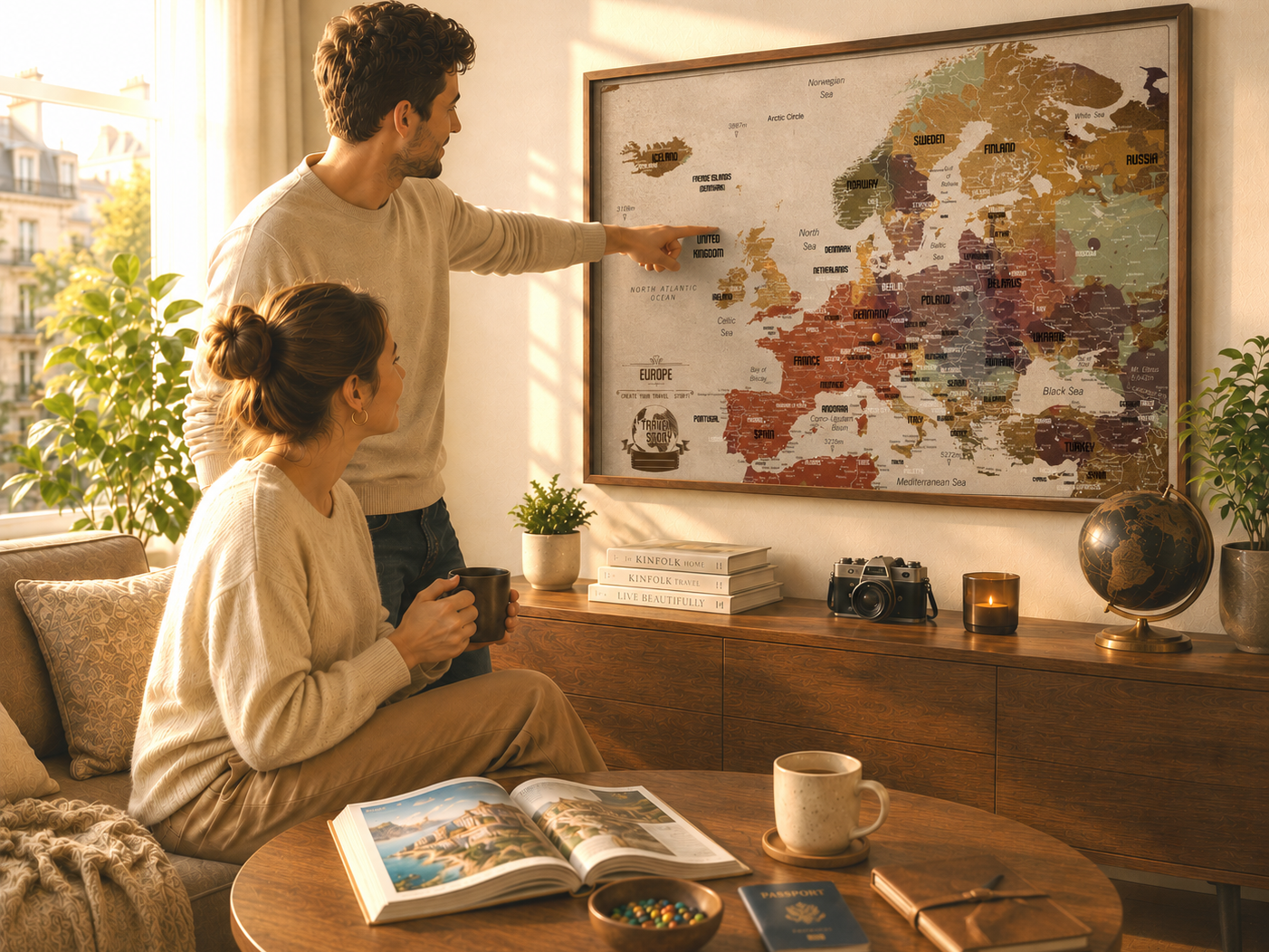 Woman and child looking at a framed push pin map of Europe in a warm home interior