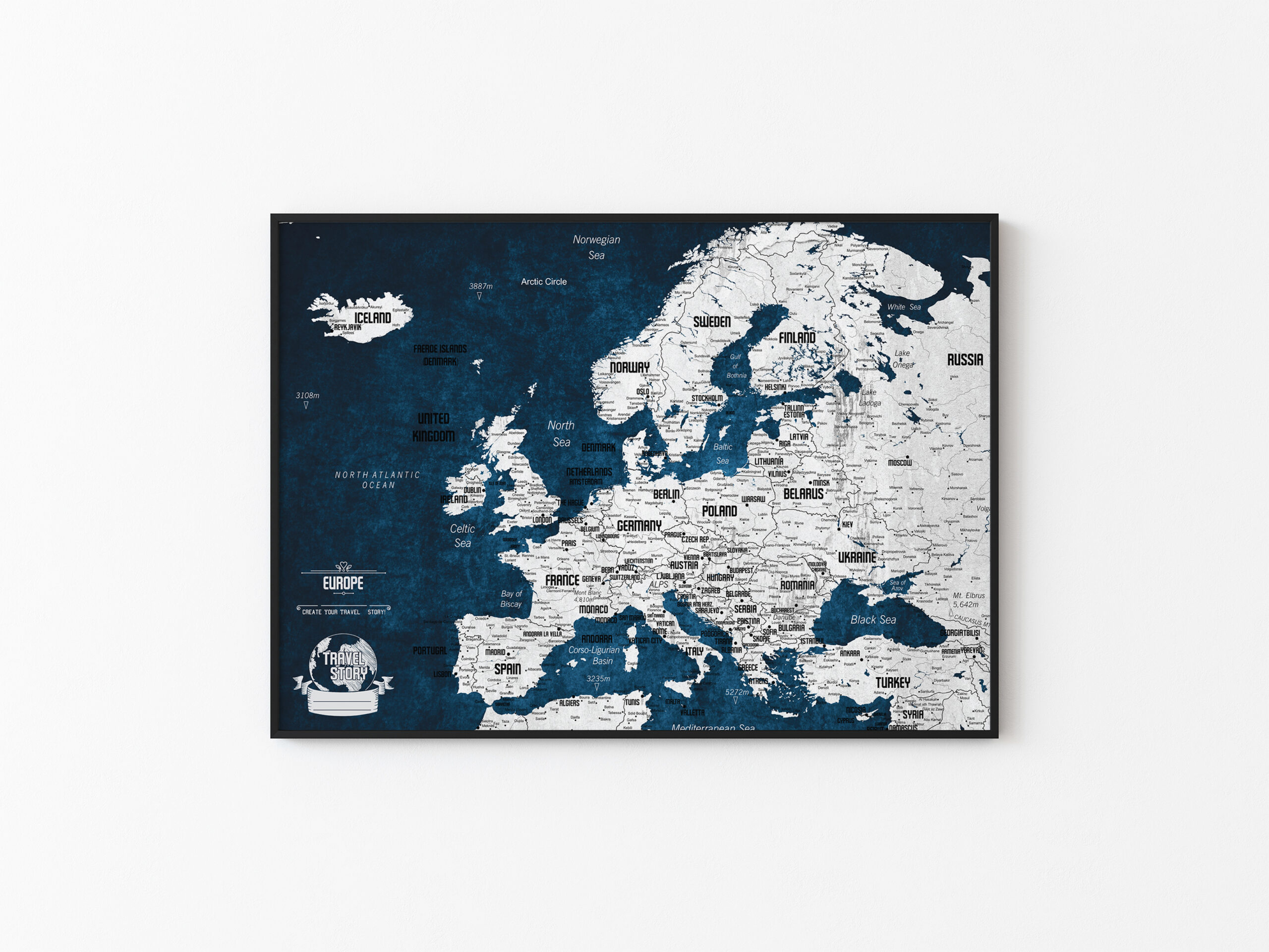 Blue and White Push Pin Map of Europe