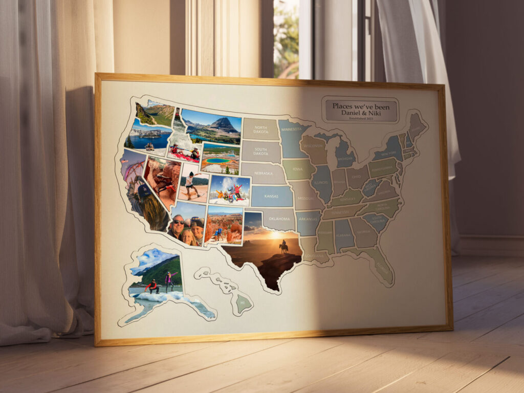 Personalized USA photo map displayed in a warm home interior