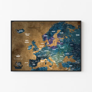 Old Gold Color Push Pin Map of Europe