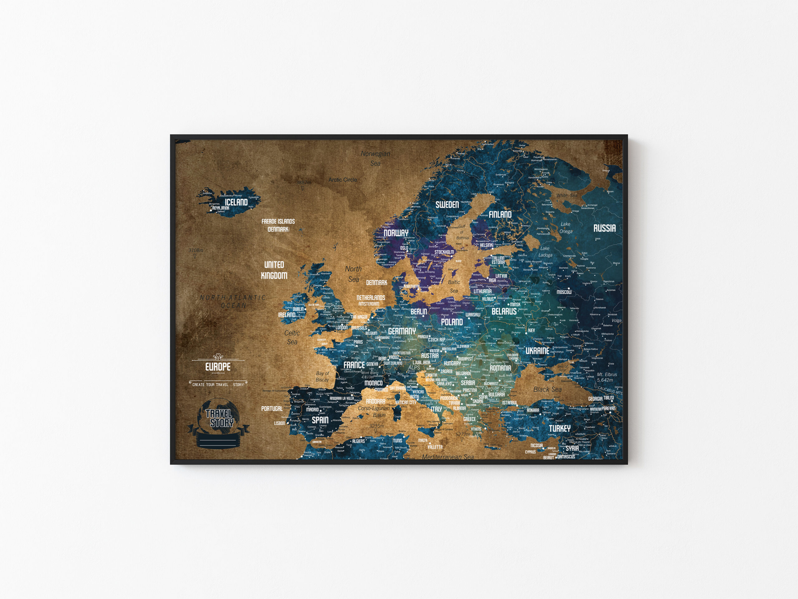 Old Gold Color Push Pin Map of Europe