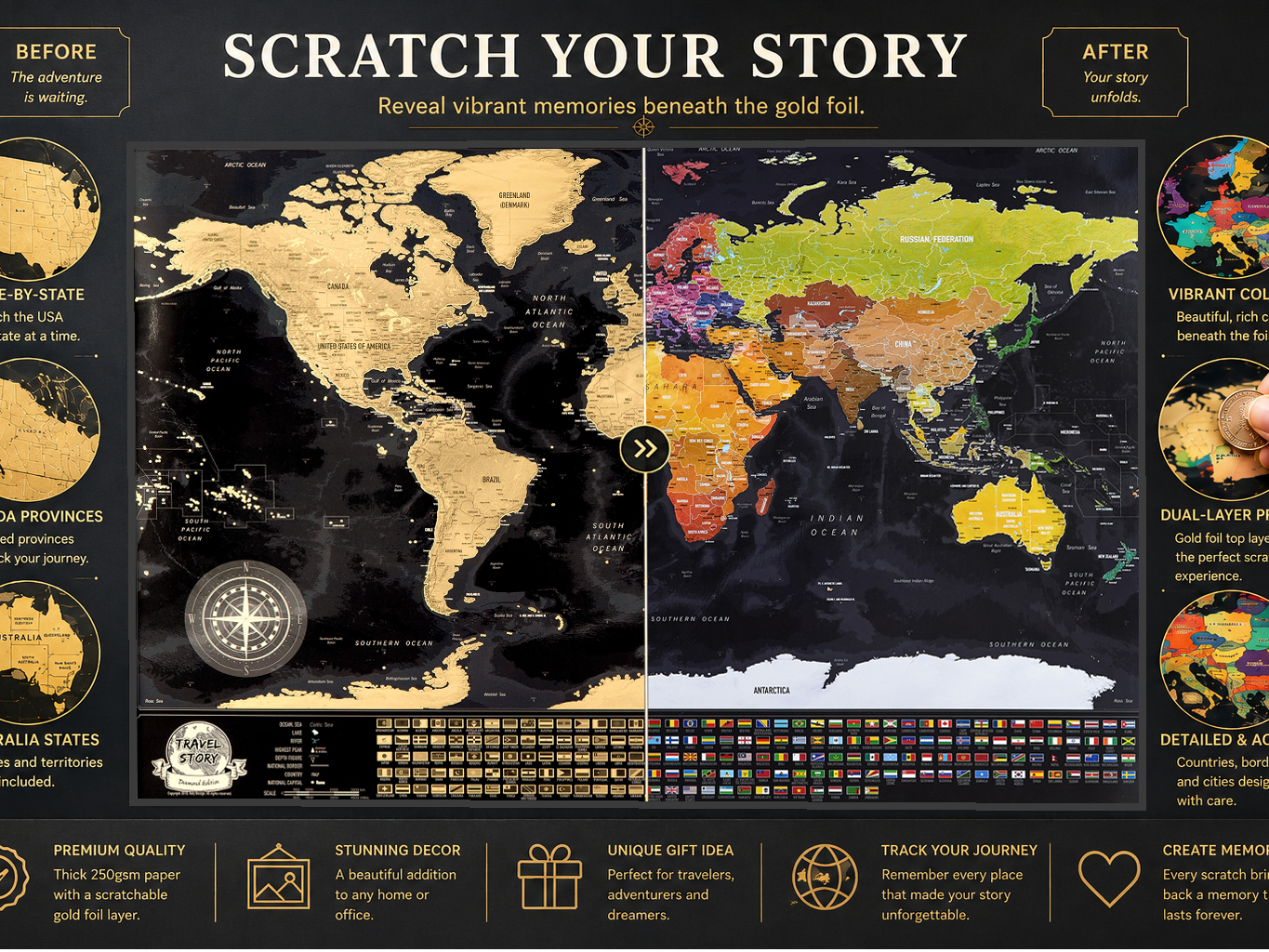 Colorful scratch map of the world with detailed travel features on a black background