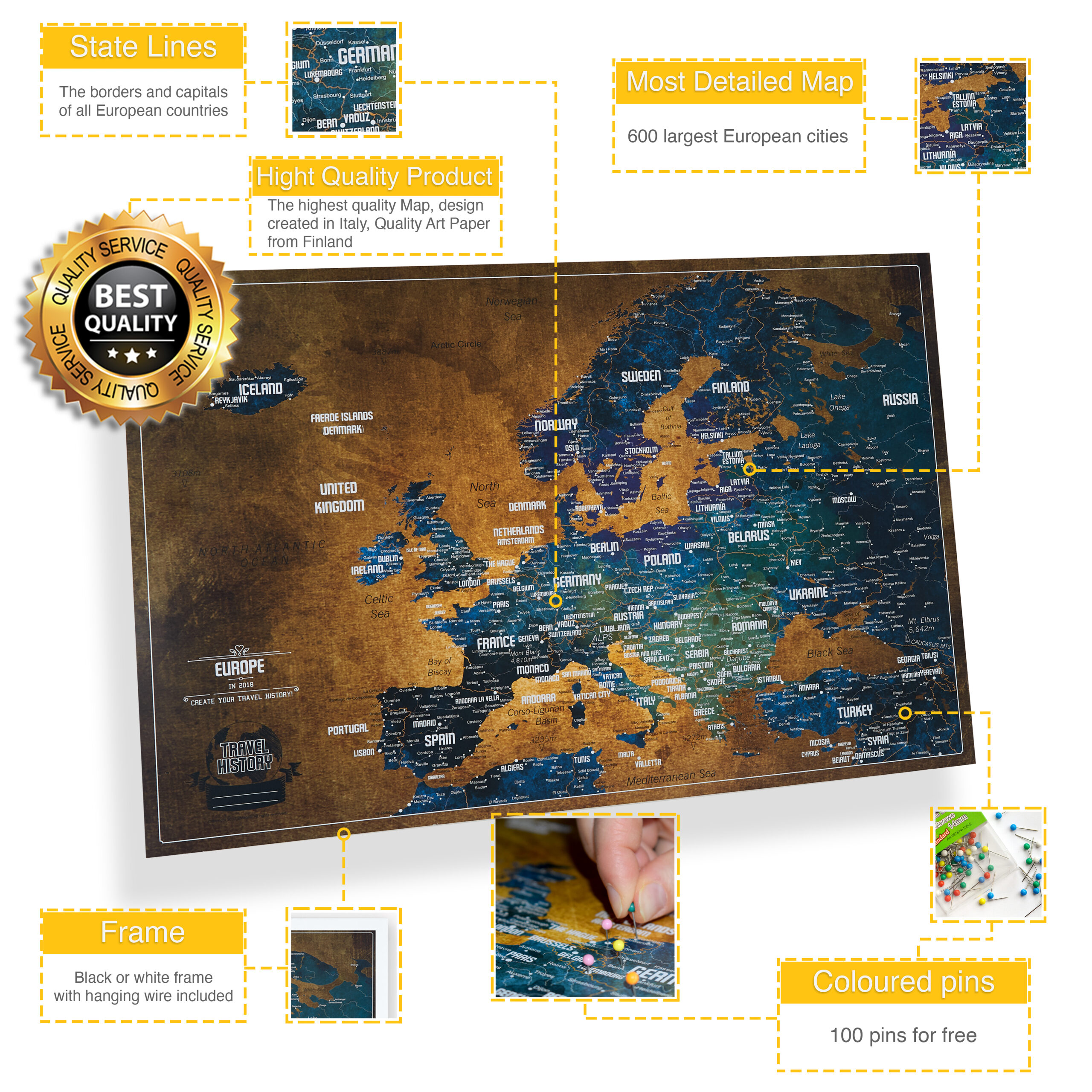 Push Pin Map of Europe – Old Gold Color - Image 3