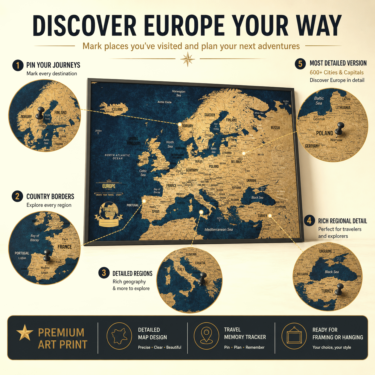 Push Pin Map of Europe – Indigo Gold - Image 4