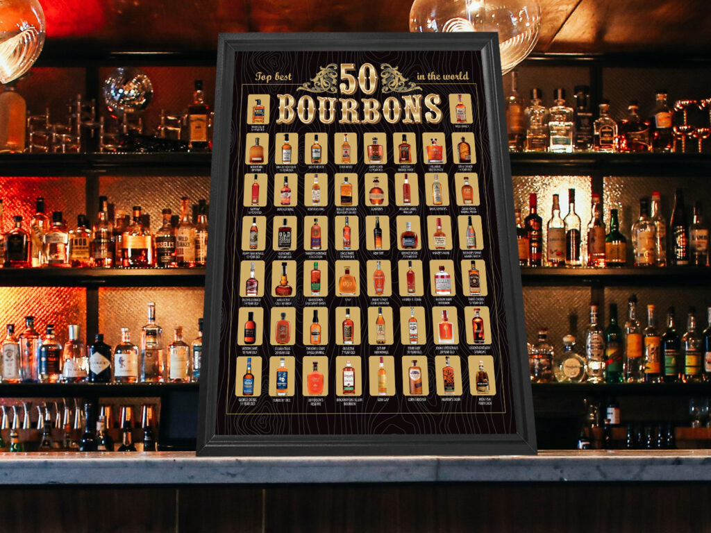Best 50 Bourbons scratch-off poster displayed in a home bar